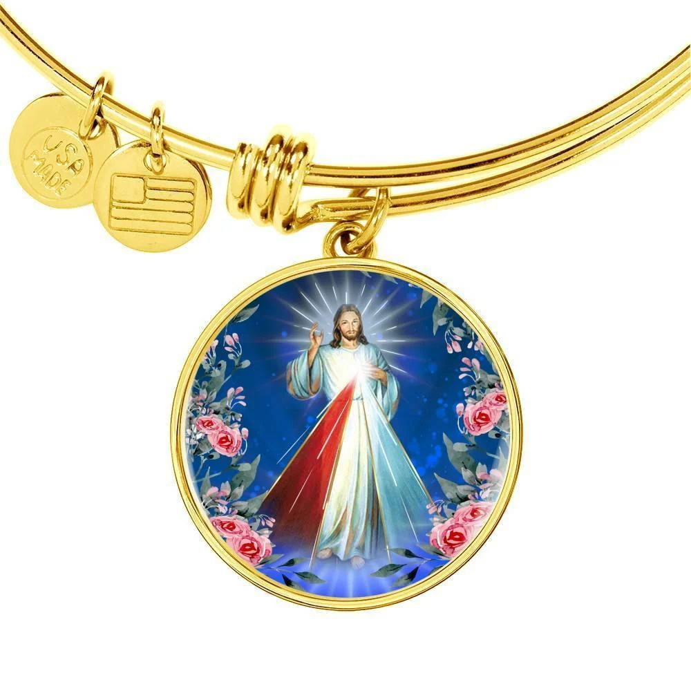 Divine Mercy Catholic Prayer Personalized Engraved Gold Circle Bangle Bracelet